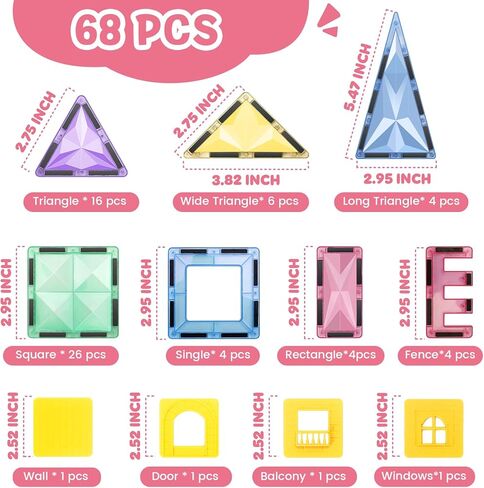 Magnetic Building Tiles 68 PCS Magnets Stacking Kids Toys STEM Sensory Games Educational Construction Toys Christmas Toy Gift for Boys and Girls 3 4 5 6 7 8 9+Year Old in Kuwait