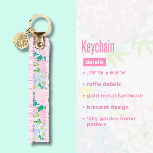 سلسلة مفاتيح بحزام قطني من ليلي بوليتزر مع حافة مكشكشة، ملحق سلسلة مفاتيح معصم لطيف مع حلقة معدنية وحلية شعار (ليلي جاردن هوم) in Kuwait