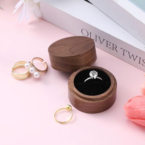 Wooden Ring Box, 2 Inch Round Ring Box for Men Women Single Slot Engagement Rings Holder Jewelry Storage Case for Proposal, Wedding, Engagement, Anniversary, Birthday Gift Valentine's Day in Kuwait