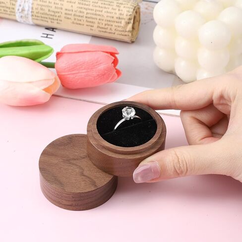 Wooden Ring Box, 2 Inch Round Ring Box for Men Women Single Slot Engagement Rings Holder Jewelry Storage Case for Proposal, Wedding, Engagement, Anniversary, Birthday Gift Valentine's Day in Kuwait