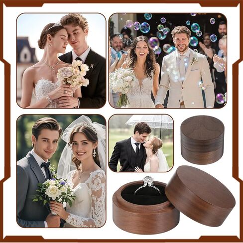 Wooden Ring Box, 2 Inch Round Ring Box for Men Women Single Slot Engagement Rings Holder Jewelry Storage Case for Proposal, Wedding, Engagement, Anniversary, Birthday Gift Valentine's Day in Kuwait