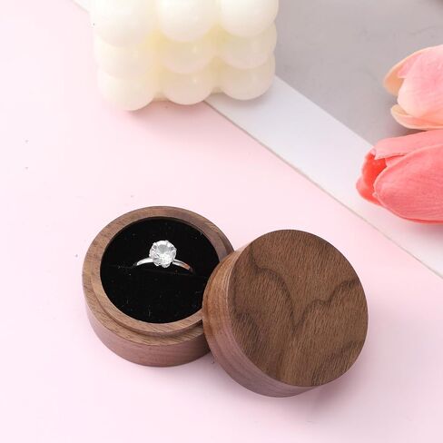 Wooden Ring Box, 2 Inch Round Ring Box for Men Women Single Slot Engagement Rings Holder Jewelry Storage Case for Proposal, Wedding, Engagement, Anniversary, Birthday Gift Valentine's Day in Kuwait