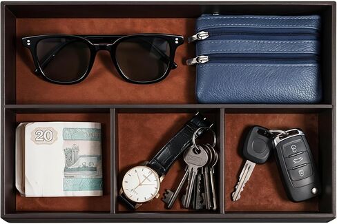 صينية خادم من الجلد الصناعي للرجال، صينية مجوهرات قابلة للتكديس من جلد البولي يوريثان، صواني حامل منضدة للرجال، منظم مكتب صواني الخادم للمفتاح، المحفظة، الهاتف، العملة المعدنية، النظارات الشمسية، الساعة، بني in Kuwait