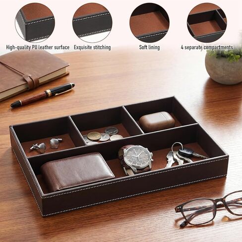 صينية خادم من الجلد الصناعي للرجال، صينية مجوهرات قابلة للتكديس من جلد البولي يوريثان، صواني حامل منضدة للرجال، منظم مكتب صواني الخادم للمفتاح، المحفظة، الهاتف، العملة المعدنية، النظارات الشمسية، الساعة، بني in Kuwait