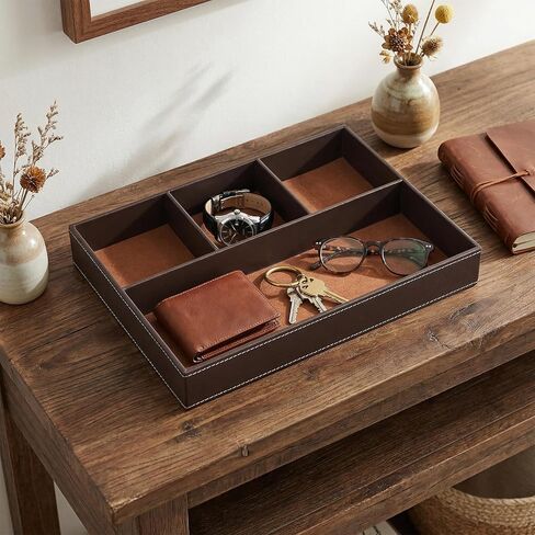 صينية خادم من الجلد الصناعي للرجال، صينية مجوهرات قابلة للتكديس من جلد البولي يوريثان، صواني حامل منضدة للرجال، منظم مكتب صواني الخادم للمفتاح، المحفظة، الهاتف، العملة المعدنية، النظارات الشمسية، الساعة، بني in Kuwait