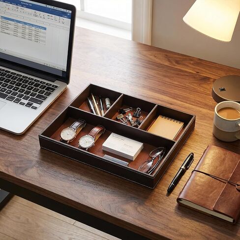 صينية خادم من الجلد الصناعي للرجال، صينية مجوهرات قابلة للتكديس من جلد البولي يوريثان، صواني حامل منضدة للرجال، منظم مكتب صواني الخادم للمفتاح، المحفظة، الهاتف، العملة المعدنية، النظارات الشمسية، الساعة، بني in Kuwait