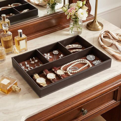 صينية خادم من الجلد الصناعي للرجال، صينية مجوهرات قابلة للتكديس من جلد البولي يوريثان، صواني حامل منضدة للرجال، منظم مكتب صواني الخادم للمفتاح، المحفظة، الهاتف، العملة المعدنية، النظارات الشمسية، الساعة، بني in Kuwait