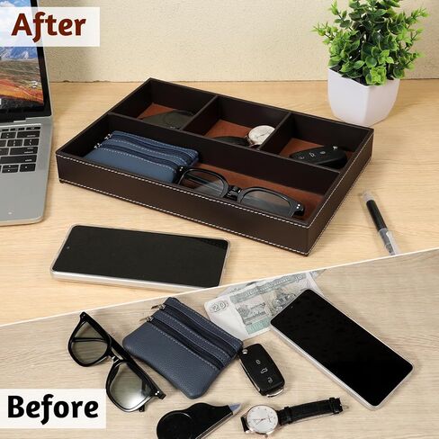 صينية خادم من الجلد الصناعي للرجال، صينية مجوهرات قابلة للتكديس من جلد البولي يوريثان، صواني حامل منضدة للرجال، منظم مكتب صواني الخادم للمفتاح، المحفظة، الهاتف، العملة المعدنية، النظارات الشمسية، الساعة، بني in Kuwait