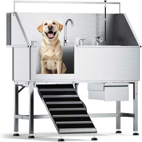 Dog Washing Station for Home, Professional 56" Stainless Steel Dog Bathing Station, Height Adjustable Dog Grooming Tub w/Ramp, Storage Drawer, Upgrade Parts (Right Ramp) in Kuwait