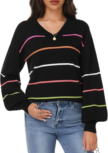 Women Long Sleeve Sweaters V Neck Striped Lightweight Sweater Lantern Sleeve Knit Loose Fit Pullover Top in Kuwait