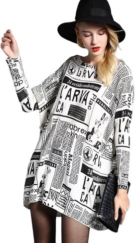 LINYUCHEN Women Sweater Oversized Newspaper Printing Pullover Sweaters-Crewneck Casual Long Sleeve T Shirts in Kuwait
