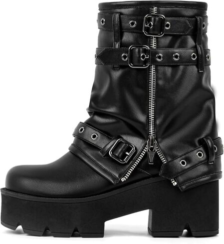 Only maker Women’s Platform Ankle Boots – Punk Block Heel Booties with Fold-Over Design, Straps Buckles Grommet Zipper Detail in Kuwait