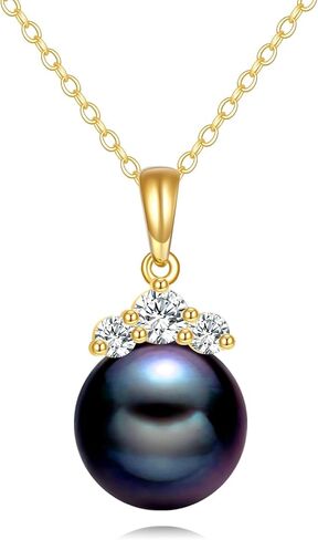 10K Solid Gold Tahitian Black Pearl Necklace for Women, Yellow Gold Moissanite 9mm Black Pearl Pendant, Pearl Jewelry Gift Anniversary Birthday Christmas for Her, 16 +2 " in Saudi Arabia