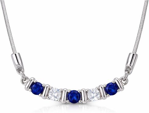 Sapphire and Moissanite Bar Necklace for Women, Lab-Grown Blue Sapphire and Moissanite Snake Bone Chain in Rhodium Plated 925 Sterling Silver, Anniversary Engagement Gift, September Birthstone Jewelry for Her in Kuwait