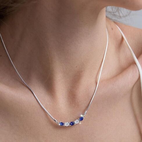 Sapphire and Moissanite Bar Necklace for Women, Lab-Grown Blue Sapphire and Moissanite Snake Bone Chain in Rhodium Plated 925 Sterling Silver, Anniversary Engagement Gift, September Birthstone Jewelry for Her in Kuwait