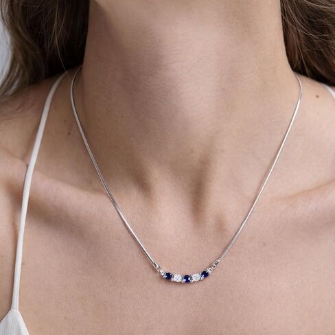 Sapphire and Moissanite Bar Necklace for Women, Lab-Grown Blue Sapphire and Moissanite Snake Bone Chain in Rhodium Plated 925 Sterling Silver, Anniversary Engagement Gift, September Birthstone Jewelry for Her in Kuwait