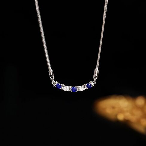 Sapphire and Moissanite Bar Necklace for Women, Lab-Grown Blue Sapphire and Moissanite Snake Bone Chain in Rhodium Plated 925 Sterling Silver, Anniversary Engagement Gift, September Birthstone Jewelry for Her in Kuwait