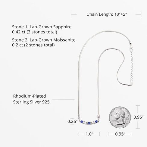 Sapphire and Moissanite Bar Necklace for Women, Lab-Grown Blue Sapphire and Moissanite Snake Bone Chain in Rhodium Plated 925 Sterling Silver, Anniversary Engagement Gift, September Birthstone Jewelry for Her in Kuwait