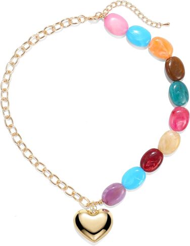 Elegance 11 designs Chunky Heart Necklace for Women, Colorful Acrylic Beaded Statement Puff Heart Necklace, Cute Boho Y2K Choker Necklace for Gift Jewelry in Kuwait