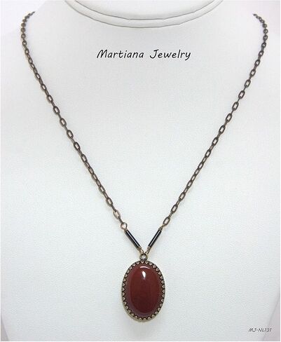 Oval Dark Red Carnelian Gemstone Pendant Necklace - Brass Flat Link Chain, 1.25 & 18-in in Saudi Arabia