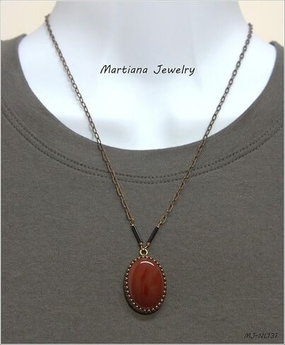 Oval Dark Red Carnelian Gemstone Pendant Necklace - Brass Flat Link Chain, 1.25 & 18-in in Saudi Arabia