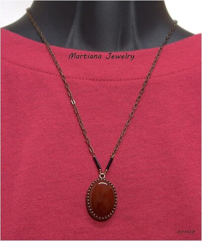 Oval Dark Red Carnelian Gemstone Pendant Necklace - Brass Flat Link Chain, 1.25 & 18-in in Saudi Arabia