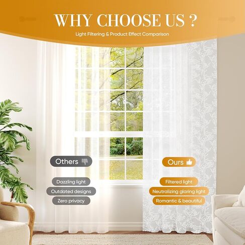 Anmao ستائر دانتيل شبه شفافة بنمط الأزهار والأوراق ثلاثية الأبعاد بطول 84 بوصة مكونة من لوحتين - ستائر تصفية للضوء بجيب قضيب مع خصوصية لغرفة المعيشة وغرفة النوم، (52 بوصة عرض × 84 بوصة طول)، أبيض in Kuwait