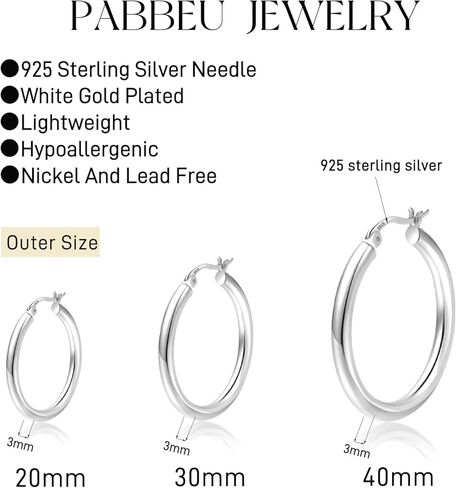 PABBEU Sterling Silver Hoop Earrings for Women S925 Big Silver Hoop Earrings Hypoallergenic Silver Large Hoop Earrings Set for Women Men 20/30/40mm in Kuwait