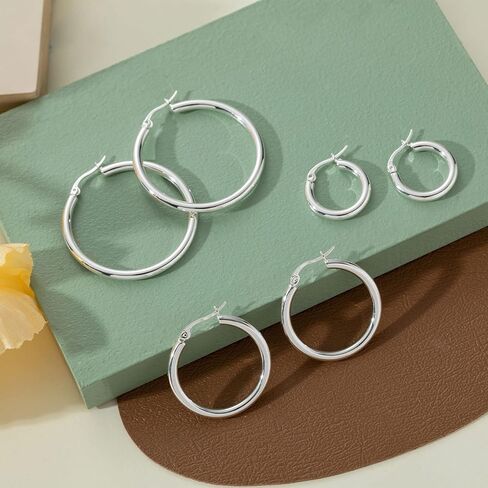 PABBEU Sterling Silver Hoop Earrings for Women S925 Big Silver Hoop Earrings Hypoallergenic Silver Large Hoop Earrings Set for Women Men 20/30/40mm in Kuwait