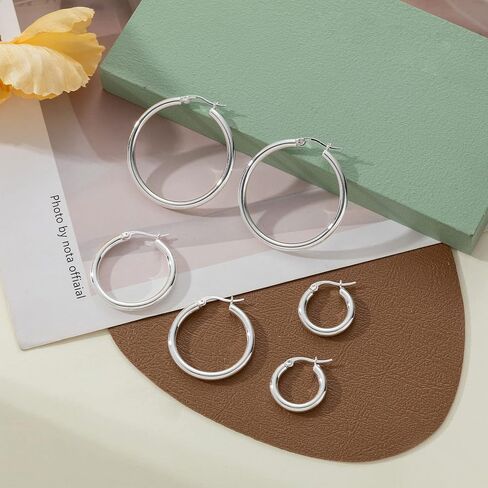 PABBEU Sterling Silver Hoop Earrings for Women S925 Big Silver Hoop Earrings Hypoallergenic Silver Large Hoop Earrings Set for Women Men 20/30/40mm in Kuwait