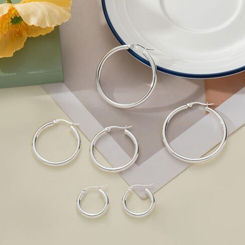 PABBEU Sterling Silver Hoop Earrings for Women S925 Big Silver Hoop Earrings Hypoallergenic Silver Large Hoop Earrings Set for Women Men 20/30/40mm in Kuwait