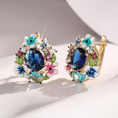 Colorful Flower Butterfly Enamel Hoop Earrings with Blue Cubic Zirconia Fashion Jewelry for Women in Saudi Arabia