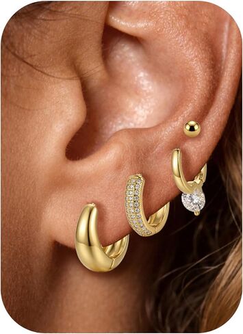 DEWEN 14K Gold Plated Hoop Huggie Earrings Set for Women – Hypoallergenic Lightweight Multiple Piercing Earrings, Non-Tarnish Gold Hoops & Studs for Sensitive Ears in Saudi Arabia