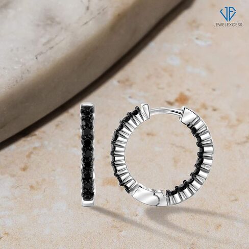 JEWELEXCESS Black Diamond Earrings Women – 1-Carat Black Diamonds Sterling Silver Hoop Earrings Small – Hypoallergenic Hoop Earrings – Small Hoop Earrings Diamond Hoops – Black Hoop Earrings for Women in Kuwait