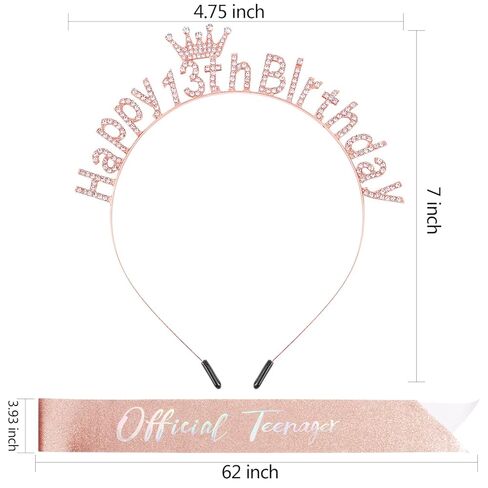 13th Birthday Decorations for Girls Official Teenager Sash 13 Year Old Tiara Crown Headbands Thirteen Hair Band Happy 13th Birthday Gifts for Girls Rose Gold in Saudi Arabia