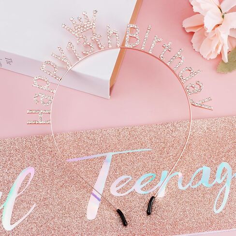 13th Birthday Decorations for Girls Official Teenager Sash 13 Year Old Tiara Crown Headbands Thirteen Hair Band Happy 13th Birthday Gifts for Girls Rose Gold in Saudi Arabia