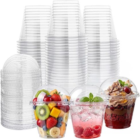 Lullaby 200pcs 9oz Clear Plastic Cups with Dome Lids, Dessert Cups with Lids, Disposable Parfait Cups, Party Cups Cupcake for Parties and Daily Use in Kuwait