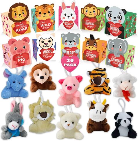 هدايا Atfunshop Valentines Day for Kids With Animal Plush Toys 30 Pack Valentines Mini Keychains و Heart Gift Box في Exchand in Kuwait