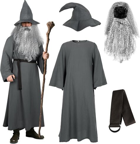 Adult Wizard Costume Set 5-Piece Gray Sorcerer Outfit for Halloween Costumes Cosplay in Kuwait