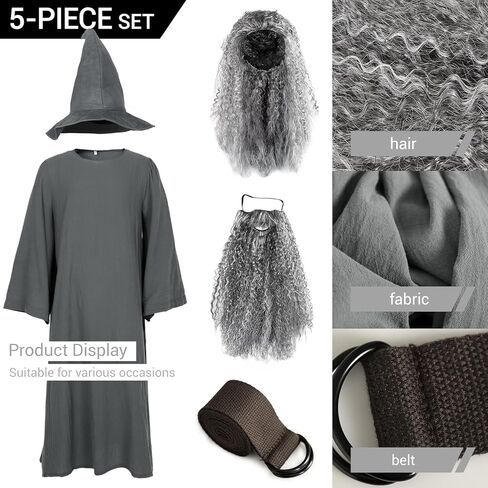 Adult Wizard Costume Set 5-Piece Gray Sorcerer Outfit for Halloween Costumes Cosplay in Kuwait