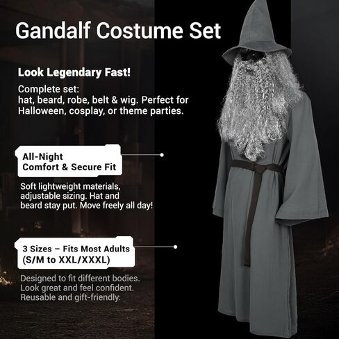 Adult Wizard Costume Set 5-Piece Gray Sorcerer Outfit for Halloween Costumes Cosplay in Kuwait