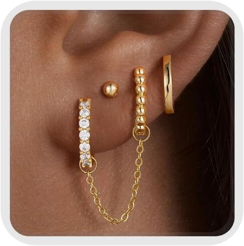 M MOOHAM Huggie Hoop Earrings Stacks for Women, Hypoallergenic 14K Gold Plated Dangle Earrings for Sensitive Ears, Drop Chain Earring Helix Hoop Earring Cartilage Stacks Conch Piercing Jewelry Gift in Kuwait