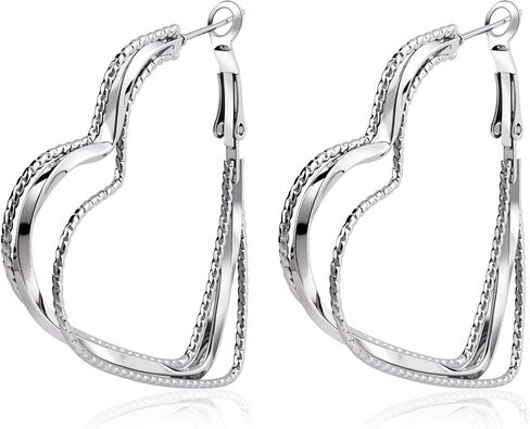Silver Heart Hoop Earrings for Women - Big Double Wire Love Earrings Valentine's Day Heart Jewelry for Gift in Saudi Arabia