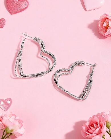 Silver Heart Hoop Earrings for Women - Big Double Wire Love Earrings Valentine's Day Heart Jewelry for Gift in Saudi Arabia