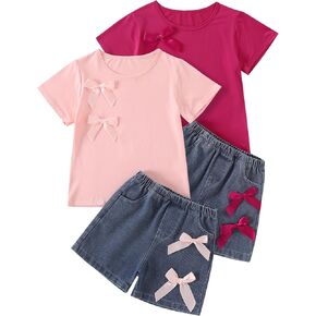 Girls Summer Outfit 4 Piece Short Sleeve Bow Shirt and Bowknot Denim Short with Pocket Kids Casual Wear Size 3-12 Years in Kuwait