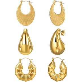 مجموعة 3 أزواج من الأقراط المطلية بالذهب عيار 18 قيراط للنساء أقراط ذهبية عصرية مكتنزة مضادة للحساسية للنساء مجوهرات in Kuwait