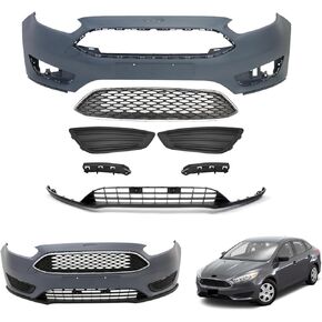 Focus Front Bumper Cover Kit Compatible with 2015 2016 2017 2018 Fo-rd Focus S SE SEL Titanium Sedan Hatchback 1.0L 2.0L W/Upper Grille Lower Grill & Fog Light Cover - Full Body Set in Kuwait