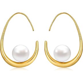 Gold Pearl Earrings Big Large Hoop Chunky Pearl Statement Earrings Fancy 14K Gold Plated Hoop for Women Lightweight 40MM in Kuwait
