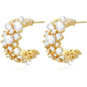 14K Gold Plated Pearl Hoop Cubic Zirconia Wedding Earrings for Bride and Bridesmaids White Pearl CZ Circle Earrings for Women in Kuwait