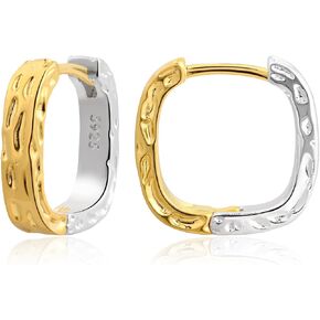 14K Gold Plated and Silver Plated Hammered Two Tone Mix Color Huggie Hoop Hypoallergenic Square Earrings in Kuwait